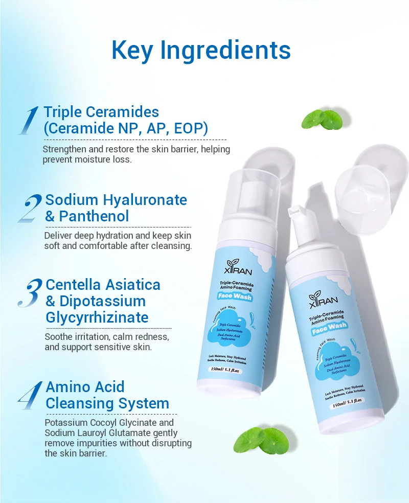 XIRAN foaming face wash with highlighted key ingredients including ceramides, sodium hyaluronate, and centella asiatica.